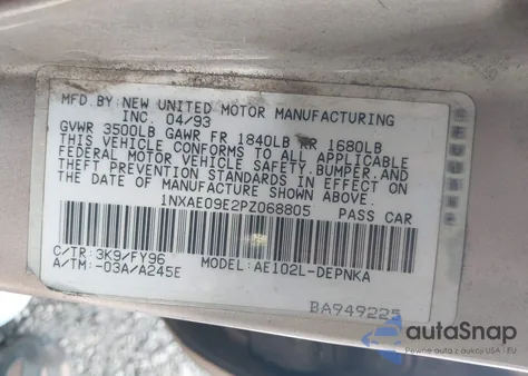 1993 Toyota Corolla Le/Dx из США, поврежденный, VIN 1NXAE09E2PZ068805